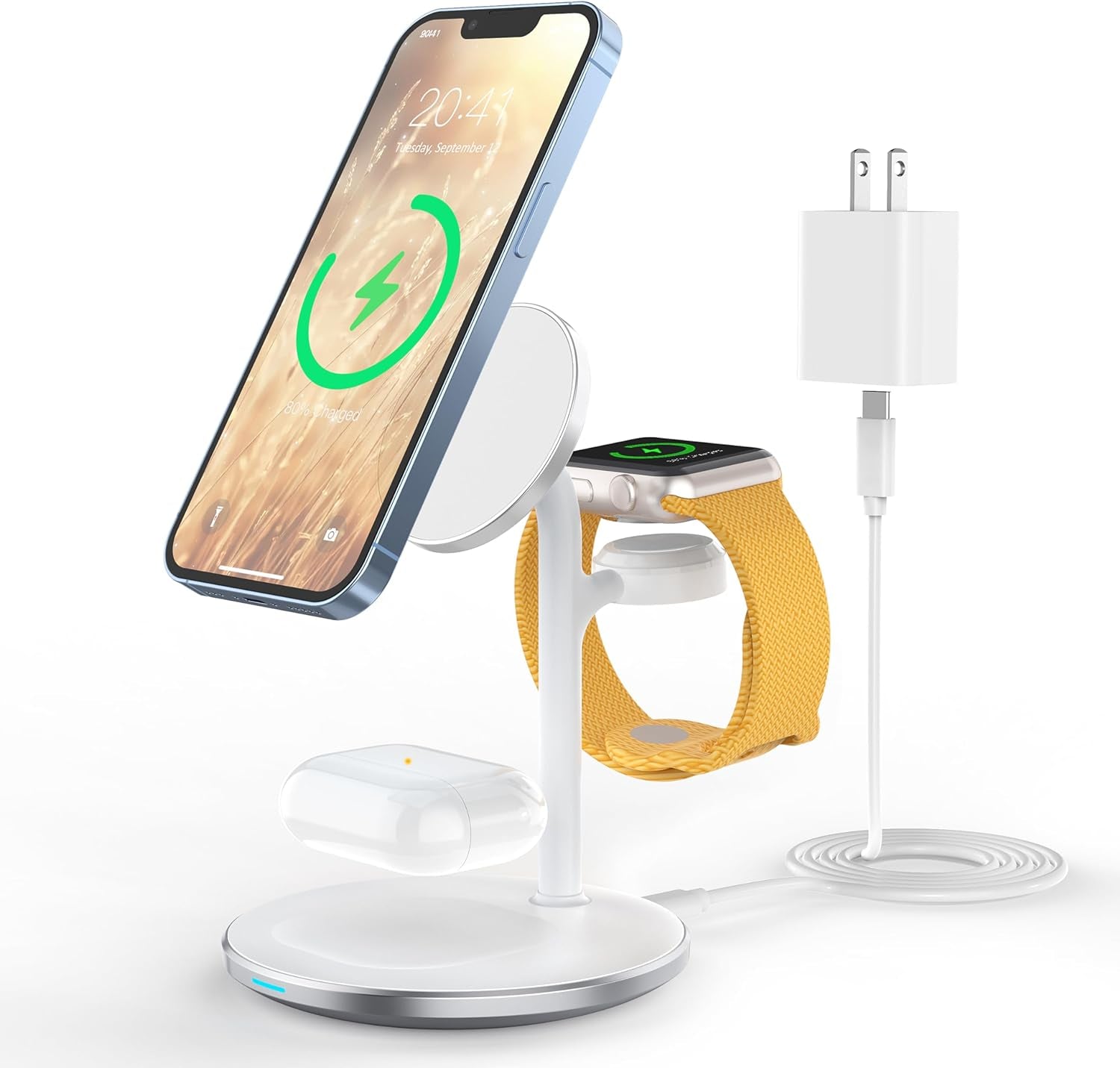 Ultimate 3 in 1 Wireless Charging Station for Apple Devices – 15W MagSafe Fast Charger with 20W Adapter for iPhone 17, 16, 15, 14, 13, 12 Pro Max/Air/Plus/Pro/Mini, iWatch, and AirPods in Sleek White Design