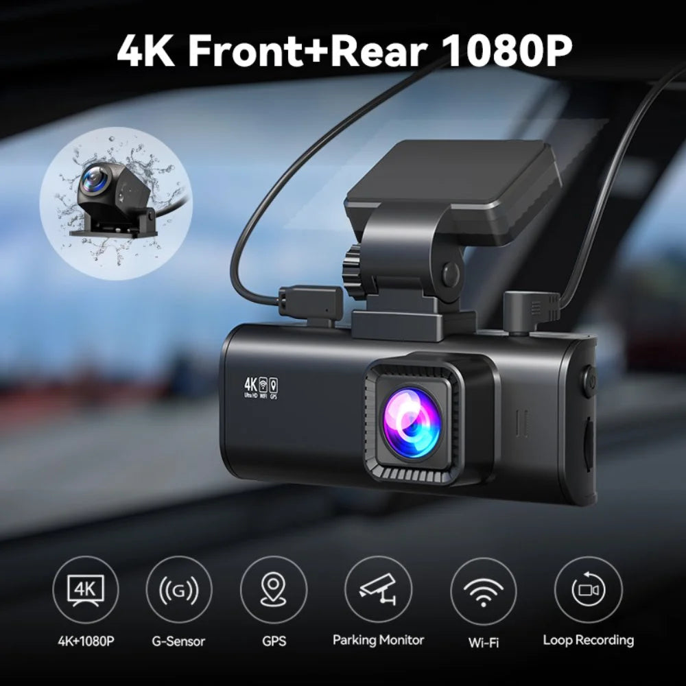 Ultimate 4K Front and Rear Dash Cam with WiFi & GPS | Night Vision, Loop Recording, and 3.18'' LCD Screen for Complete Road Safety