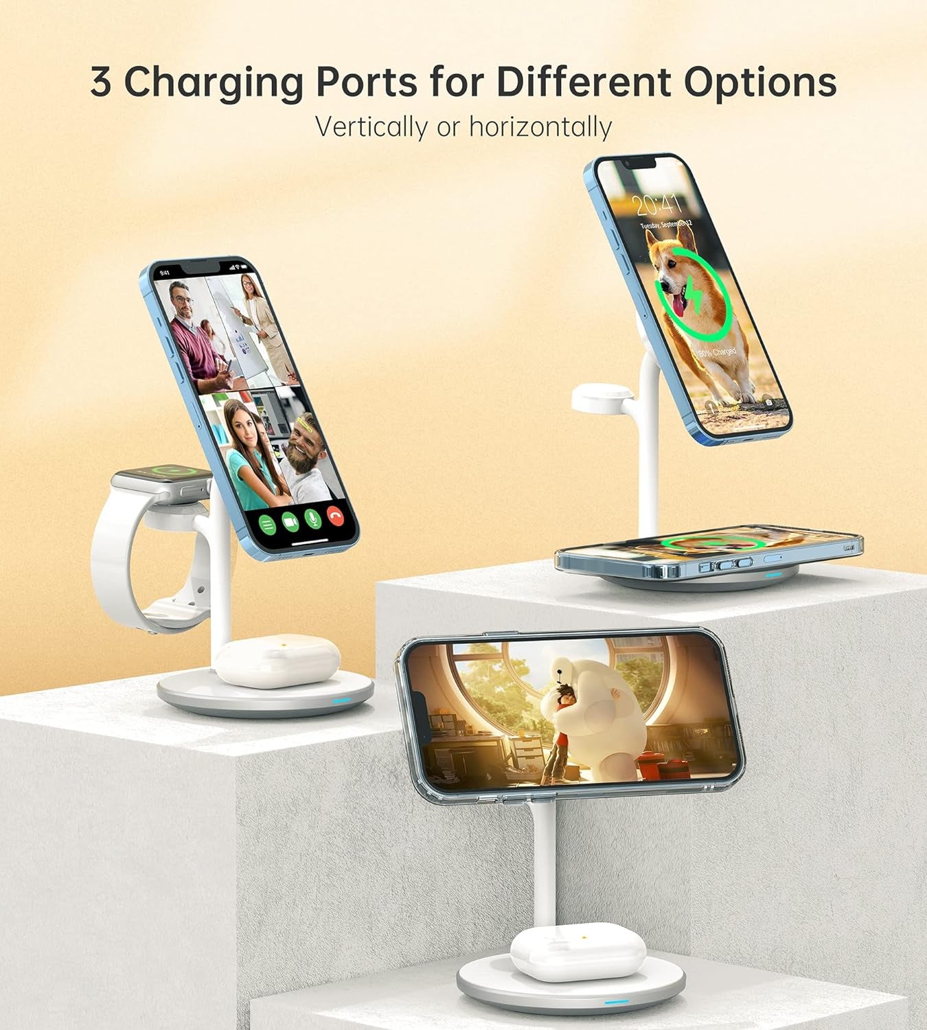 Ultimate 3 in 1 Wireless Charging Station for Apple Devices – 15W MagSafe Fast Charger with 20W Adapter for iPhone 17, 16, 15, 14, 13, 12 Pro Max/Air/Plus/Pro/Mini, iWatch, and AirPods in Sleek White Design