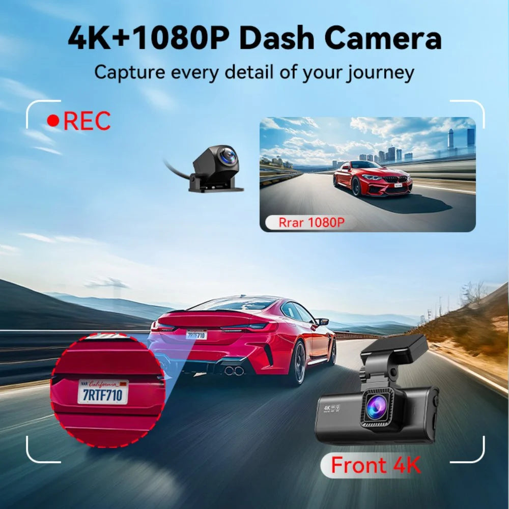 Ultimate 4K Front and Rear Dash Cam with WiFi & GPS | Night Vision, Loop Recording, and 3.18'' LCD Screen for Complete Road Safety